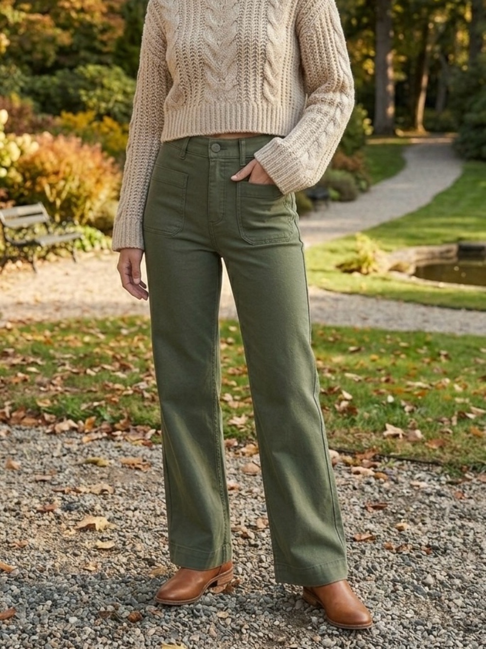 Vintage Faherty Green Cotton Utility Pants Wide Leg Boho Shabby Chic 80s